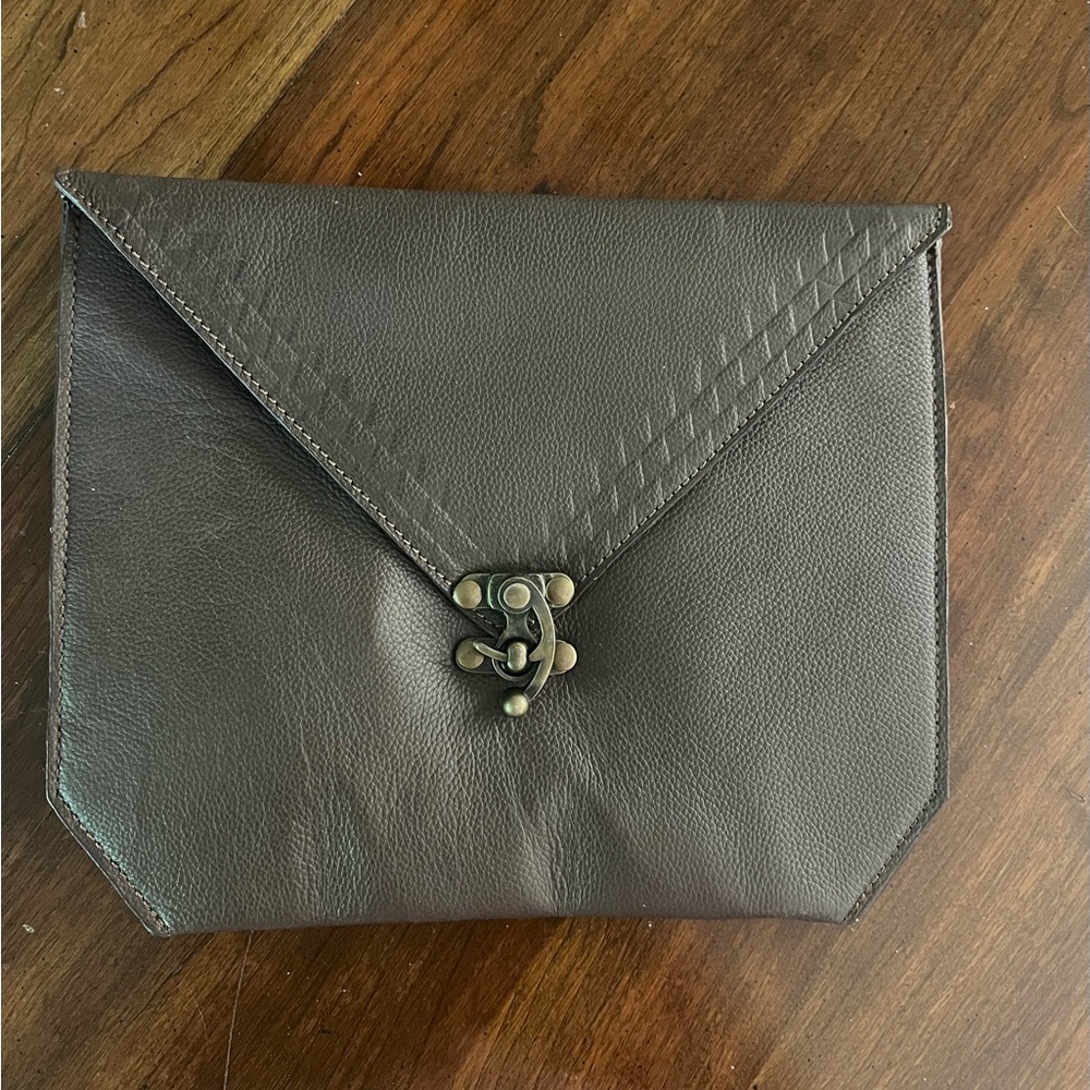 Vintage Brown Genuine Leather Envelope Clutch Bag with Brass Twist Lock